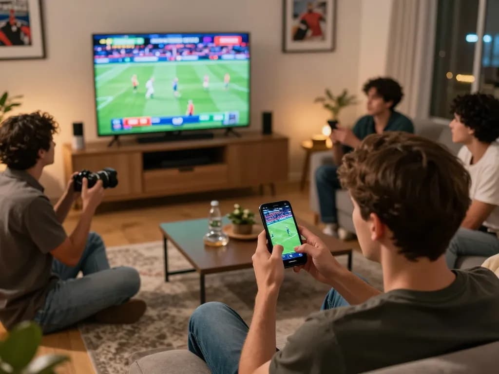 Engaged PHPVIP user placing sports bets on smartphone with excitement in a lively home setting
