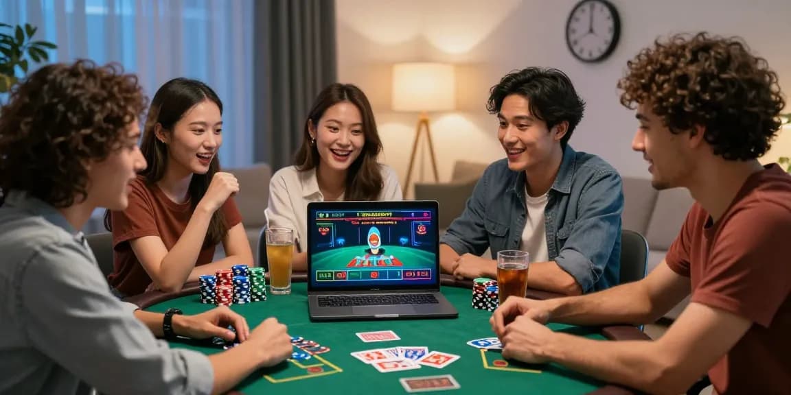 Friends enjoying FAFA828 live casino gaming experience in a cozy living room.