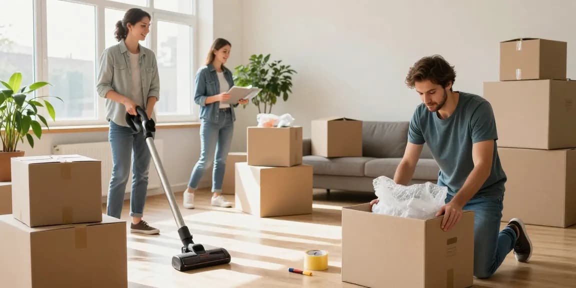 Efficient umzugsreinigung bern during moving day, family packing and cleaning in a bright living room.