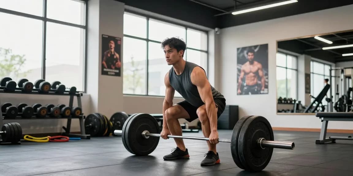 Deus Medical-Trainingsszene mit Athlet, der Gewichte hebt, im modernen Fitnessstudio.