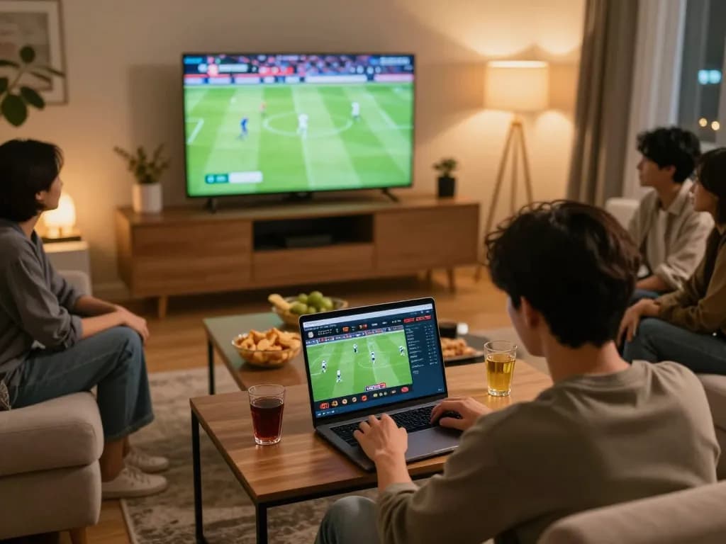 CM88 sports betting scene with player actively engaging on laptop during live game.