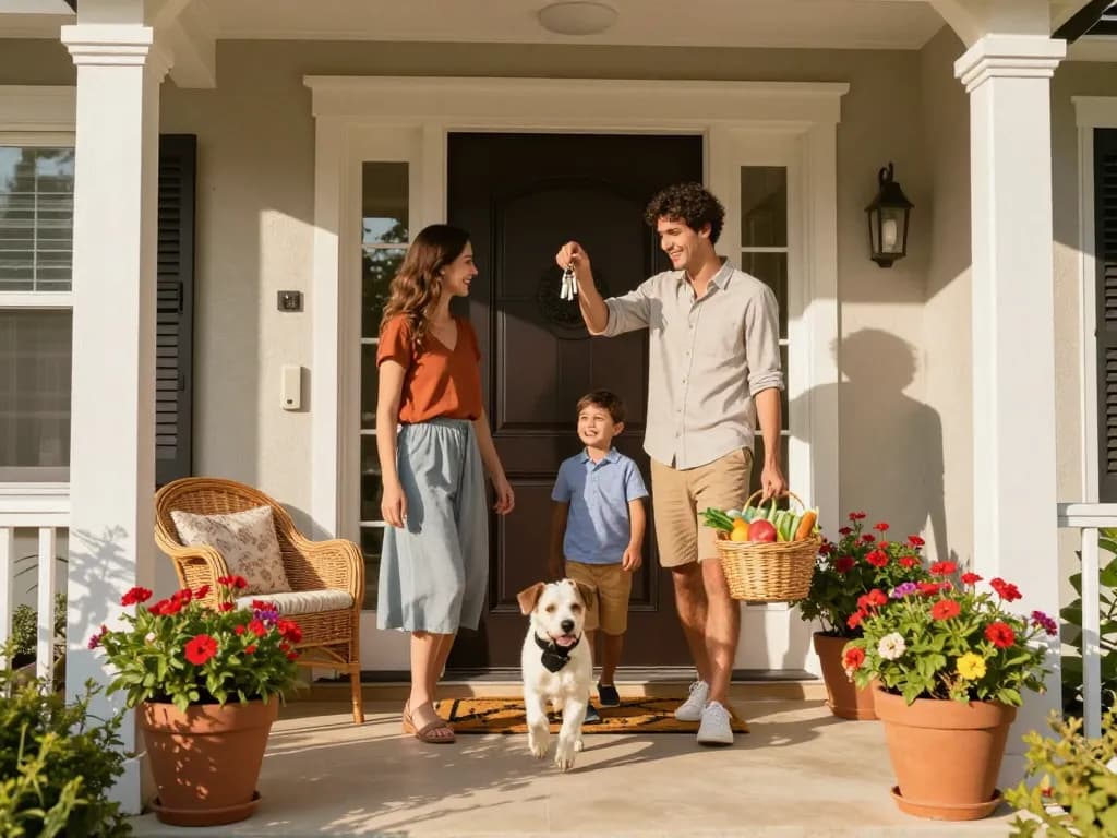 Eine fröhliche Familie, die sich ihrer neuen Haustür mit einladender Atmosphäre und lebendigen Blumen nähert.