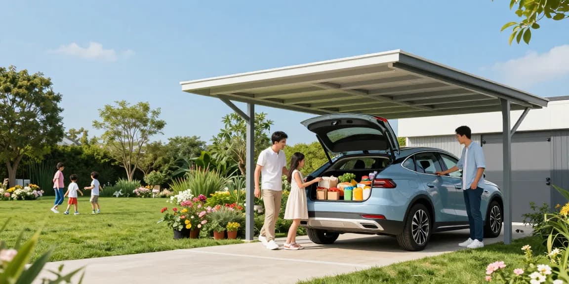 Carport als Schutz für Fahrzeuge und als Platz für Familienaktivitäten an einem sonnigen Tag.