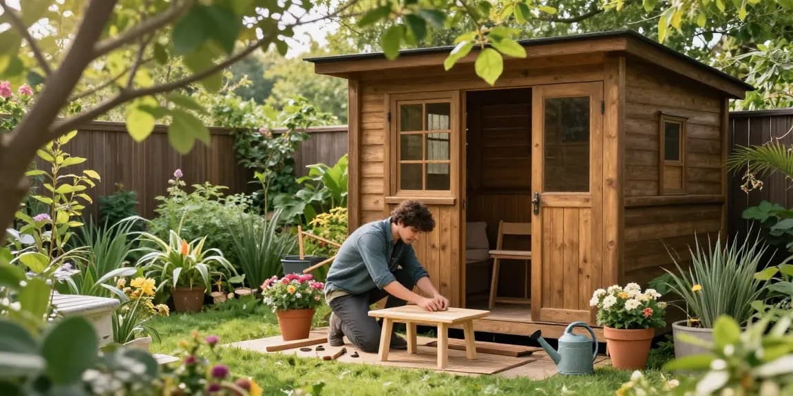 Gartenhaus kaufen: Schönes Gartenhaus umgeben von Pflanzen und Gartenmöbeln im Bau.