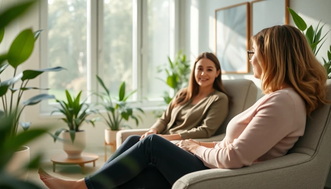 Reinkarnationstherapie Sitzung mit entspannter Klientin und einfühlsamem Therapeuten.