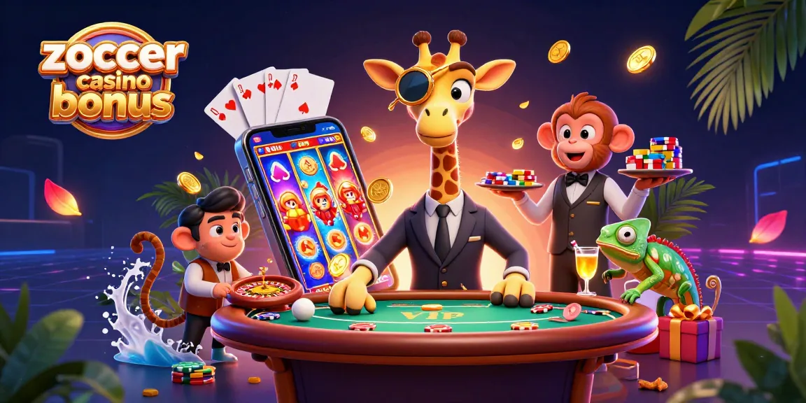 Win big with the zoccer casino bonus in this vibrant 3D illustration packed with excitement and casino elements.