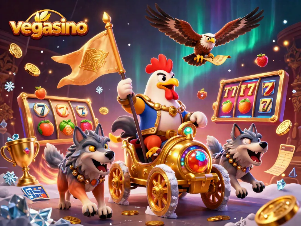 Experience thrilling gameplay at vegasino with a cartoon rooster warlord leading casino battles.
