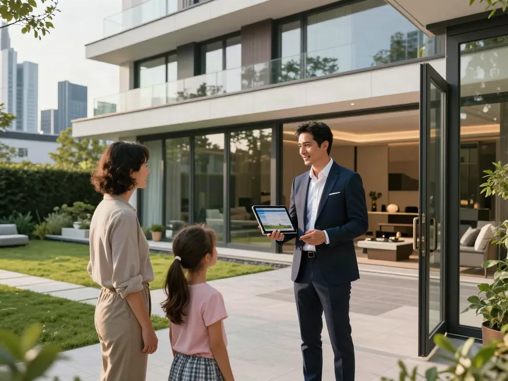 Bester Immobilienmakler Frankfurt präsentiert eine luxuriöse Immobilie mit einem einladenden Agenten und glücklichem Kundenpaar.
