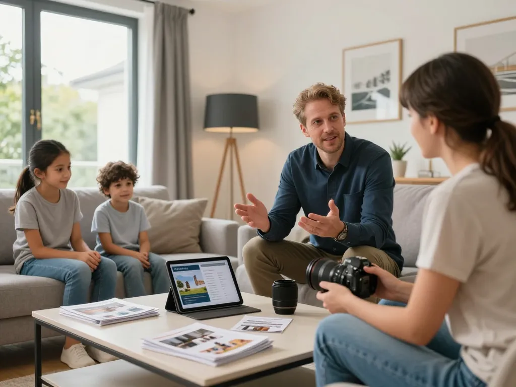 Immobilienmakler Frankfurt Preungesheim diskutiert Immobilienstrategien mit Kunden in einem modernen Wohnzimmer.
