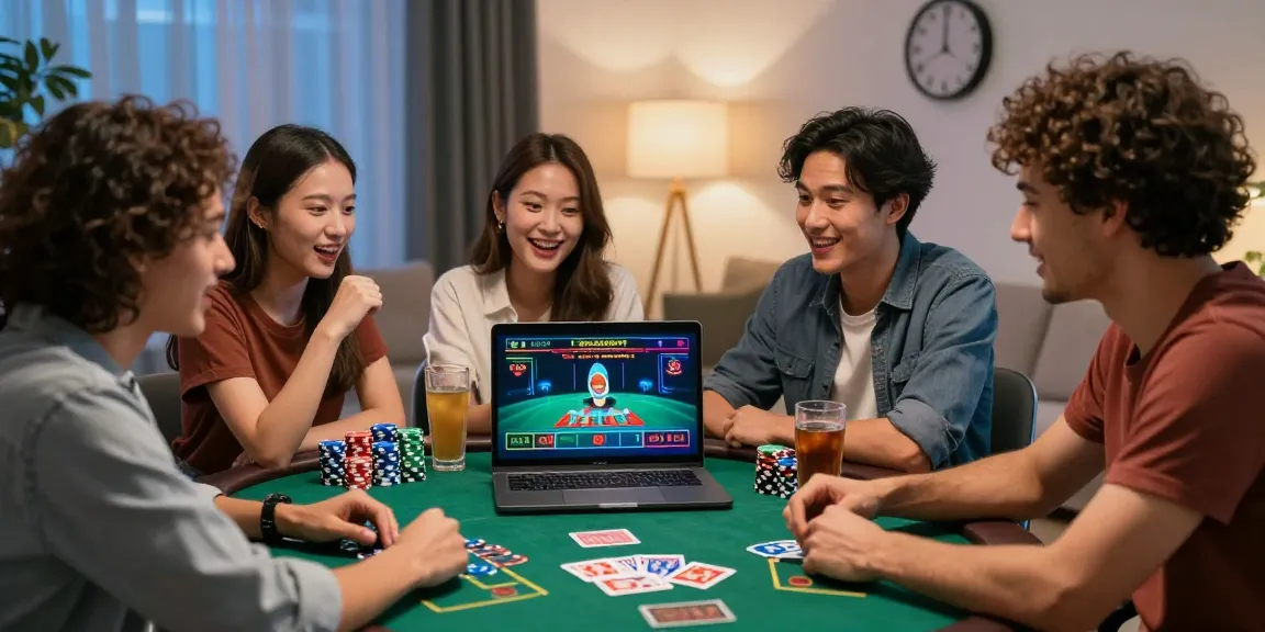 Friends enjoying FAFA828 live casino gaming experience in a cozy living room.