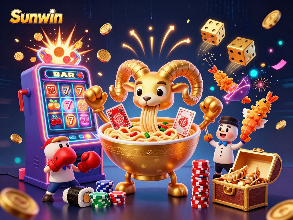 Sunwin slot machine bursting with coins, thrilling cartoon-style casino scene featuring a golden ramen bowl dealer.