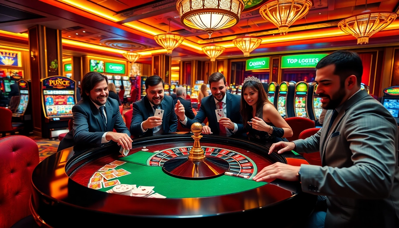 Spannende casinospiele mit Spielern an einem Roulettetisch und Spielautomaten.