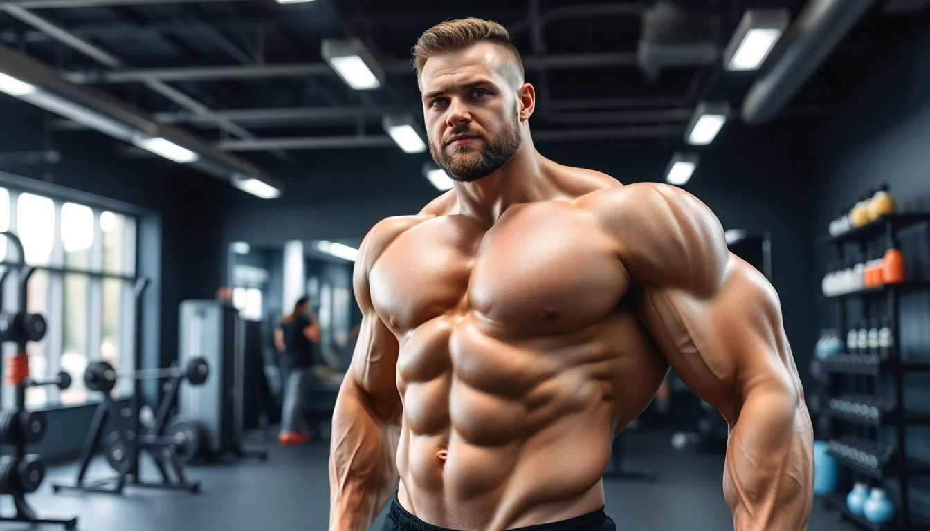 Ein muskulöser Sportler mit Unique Pharma Steroids im Fitnessstudio.