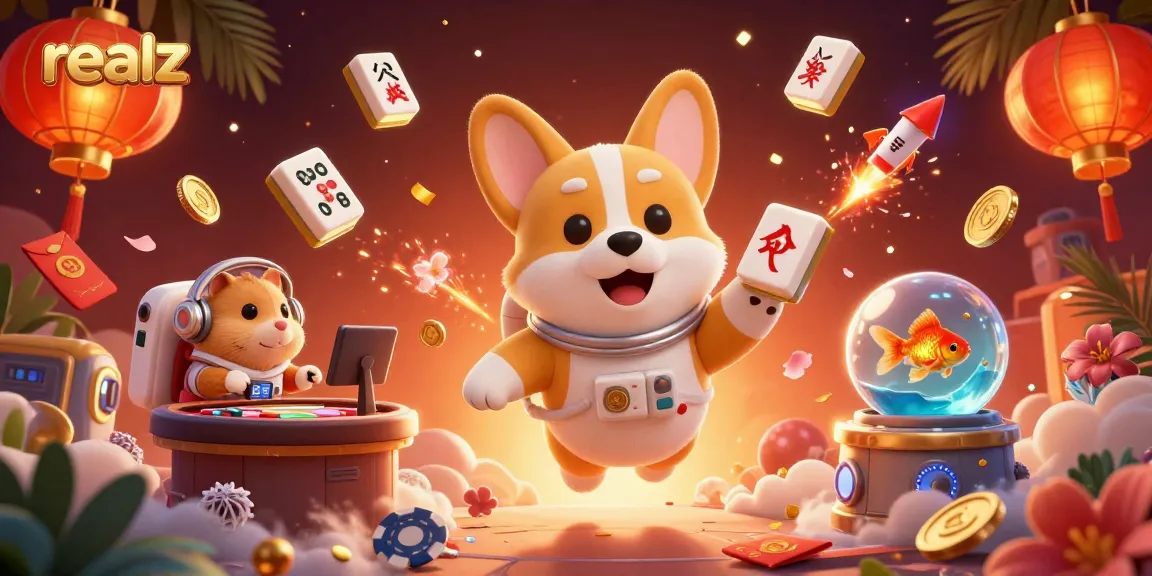 Experience thrilling actions at Realz casino with vibrant characters amidst floating poker chips and gold elements.