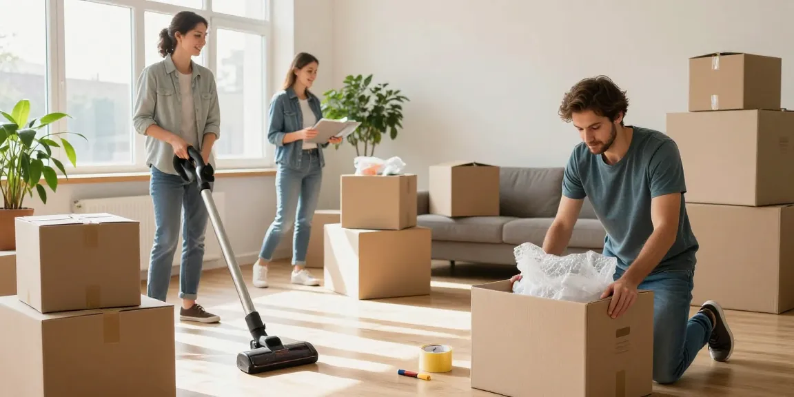 Efficient umzugsreinigung bern during moving day, family packing and cleaning in a bright living room.