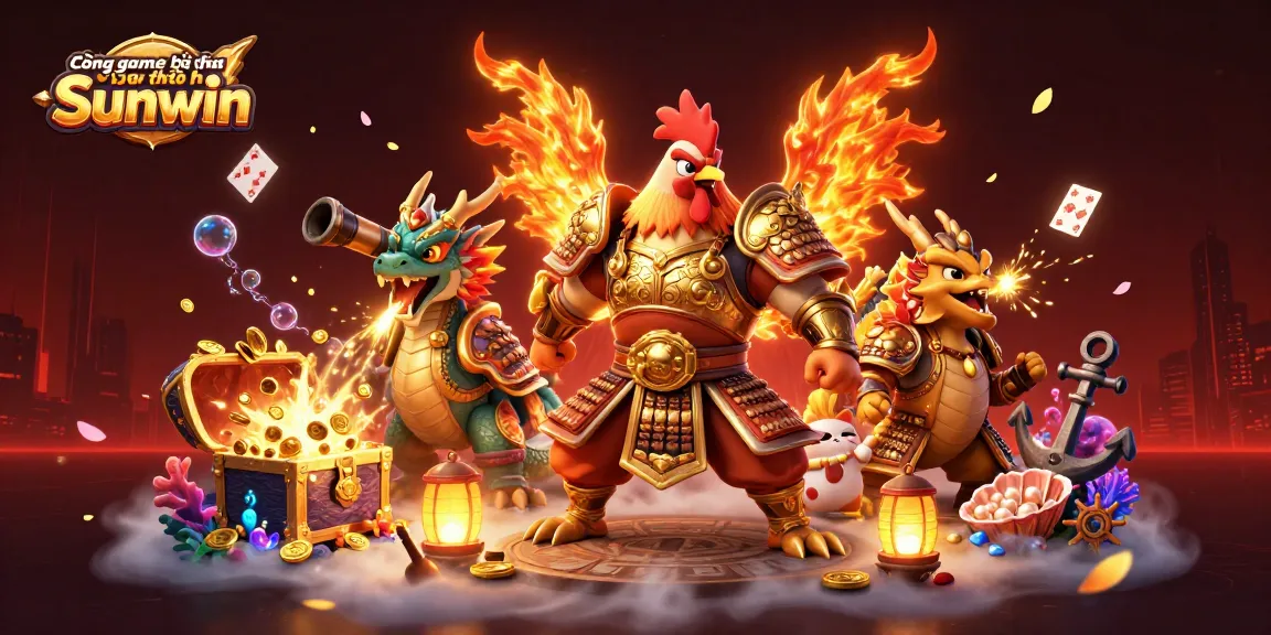 Cổng game bài đổi thưởng Sunwin showcases a powerful fighting rooster warrior with a dragon and fortune cat amidst treasure and glowing elements.