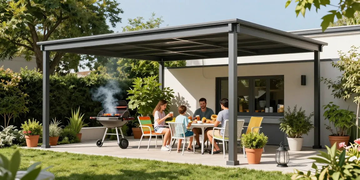 Terrassenüberdachung im modernen Garten mit Familie beim Grillen, sonnige Atmosphäre.