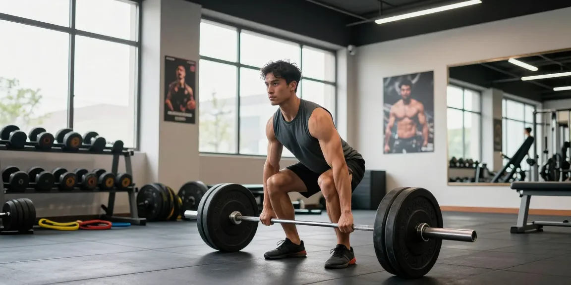 Deus Medical-Trainingsszene mit Athlet, der Gewichte hebt, im modernen Fitnessstudio.