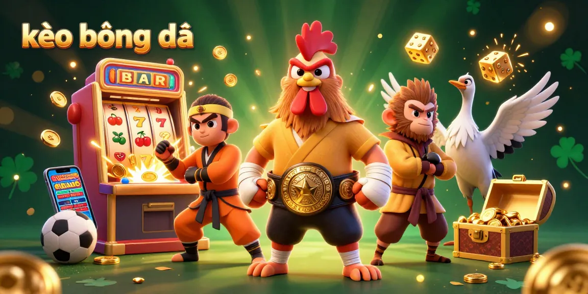 Engage in thrilling kèo bóng đá action with dynamic characters in a vibrant casino-themed illustration.