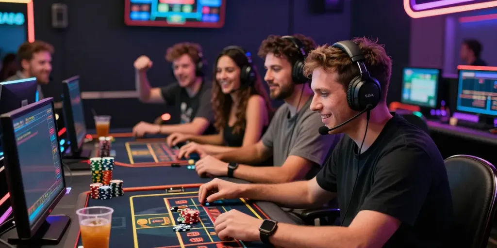 Players enjoying da88 online gaming experience with vibrant screens and lively atmosphere.