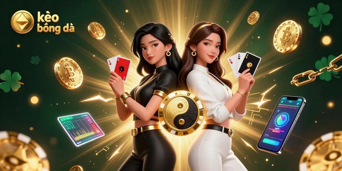 Place bets on kèo bóng đá with dual Asian women holding playing cards surrounded by cryptocurrency elements.