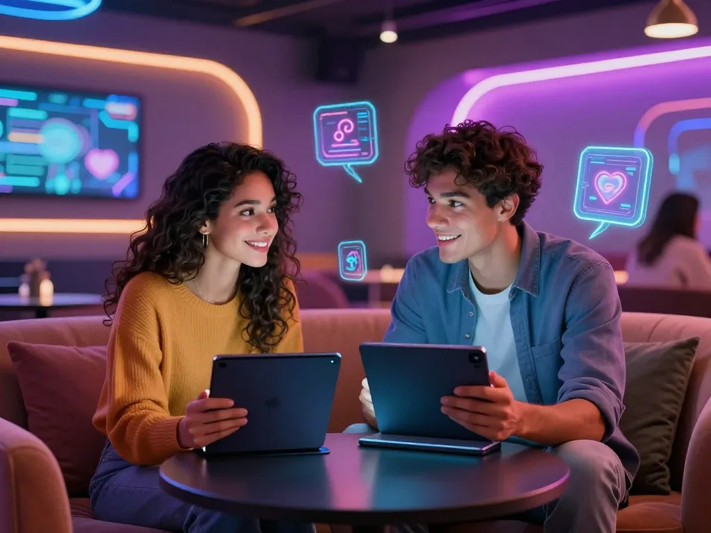 Engaging couple chatting through an advanced girlfriend AI app in a futuristic lounge setting