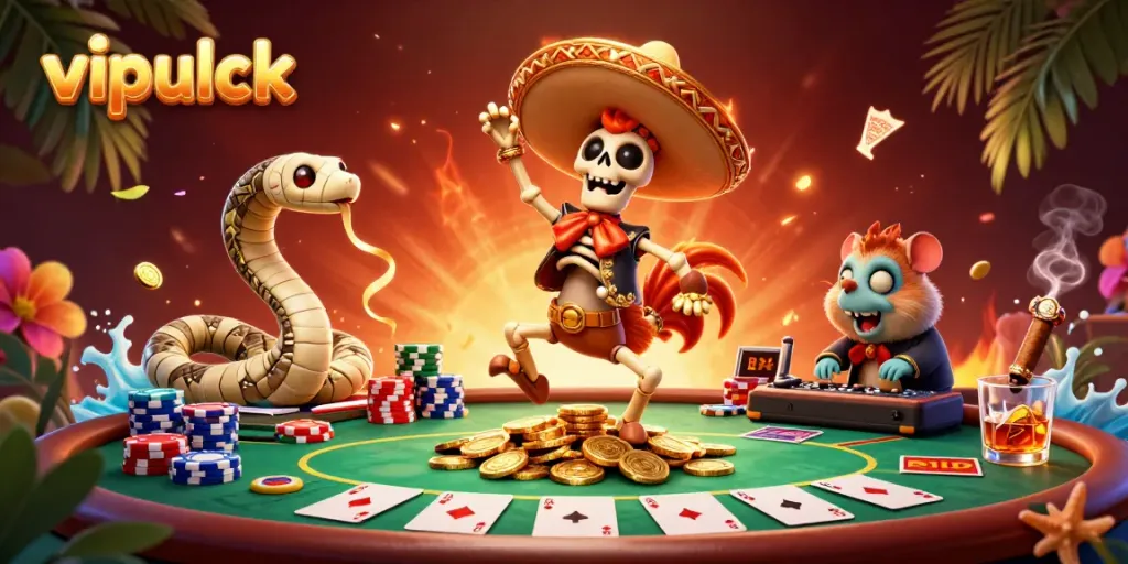 Spin the wheels of fortune at Vipluck Casino with vibrant 3D characters and exciting casino elements.