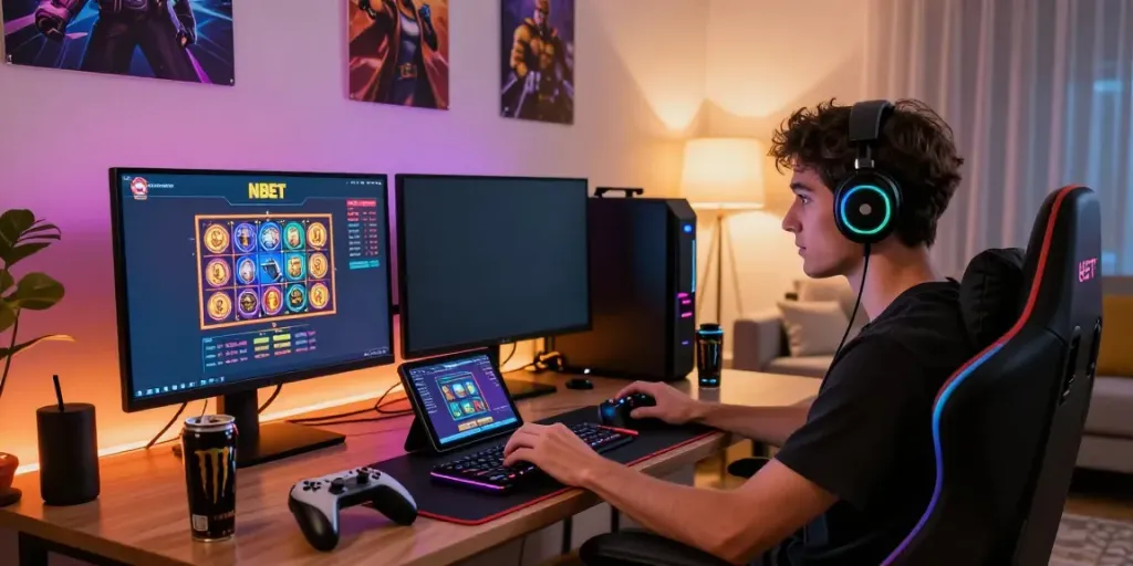 Nbet gaming enthusiast engaged in online casino gameplay, vibrant atmosphere.