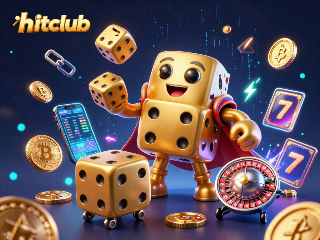 Join the hitclub adventure with vibrant 3D illustrations of gaming characters interacting with cryptocurrencies and casino elements.