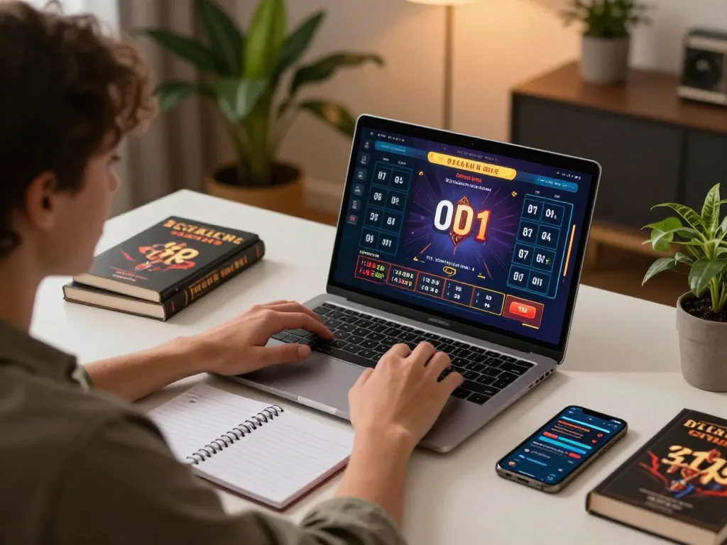 Engaged player analyzing odds on their laptop with the KI Detektor Uni clearly visible, illustrating strategic online gambling.