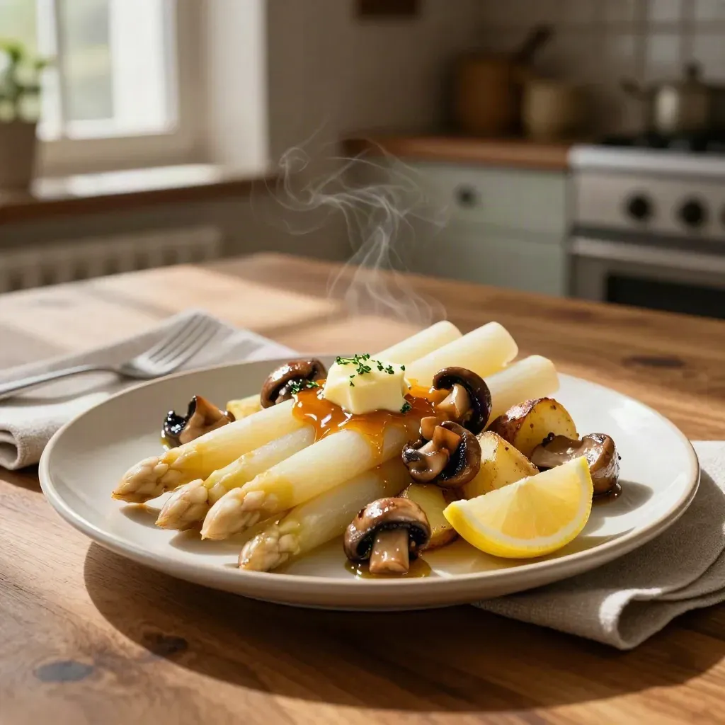 Spargel, Pilze und Kartoffeln auf cremigem Teller mit Zitronenspalte und Stoffserviette