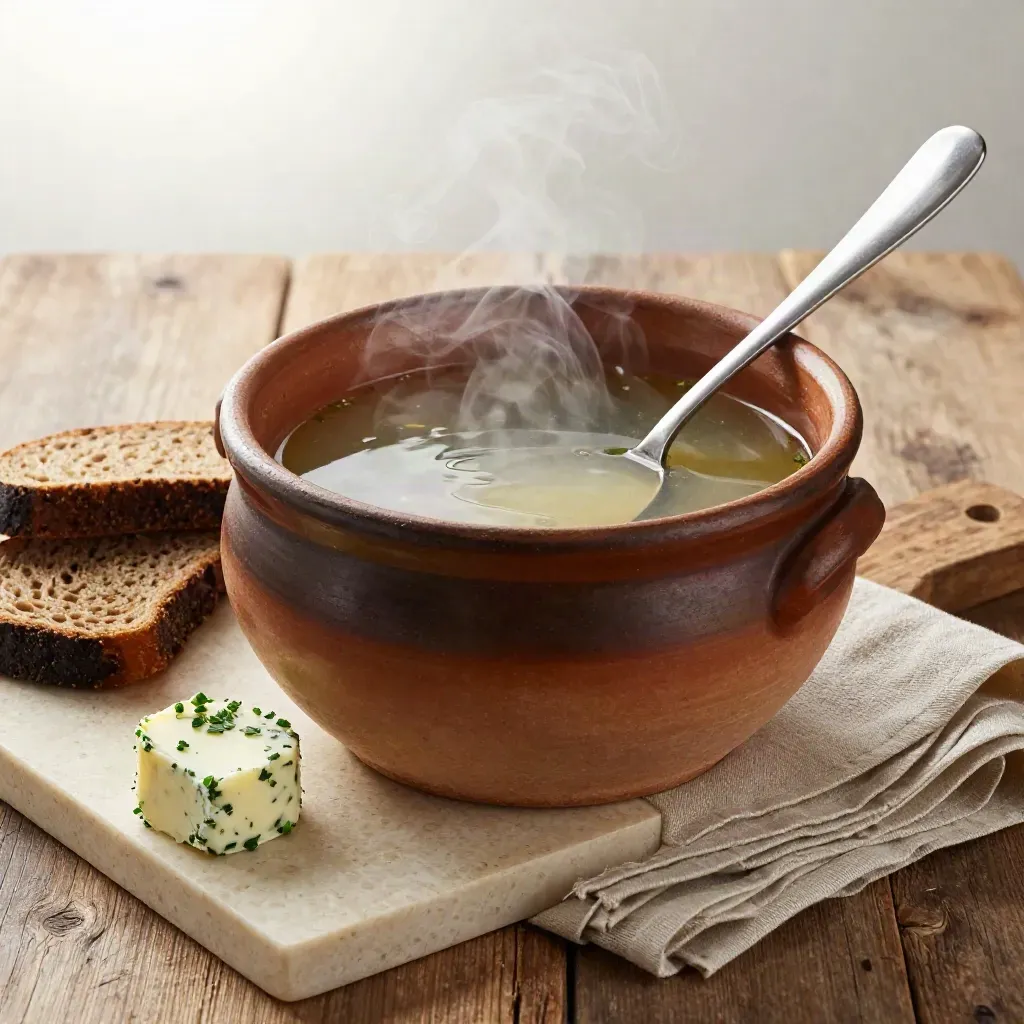 Dampfende Suppe im Tontopf mit Brot und Kräuterbutter auf rustikalem Tisch.