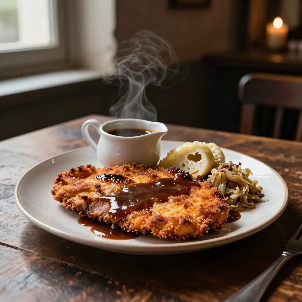Schnitzel mit Braten, Kartoffelklößen und Rotkohl auf rustikalem Teller.