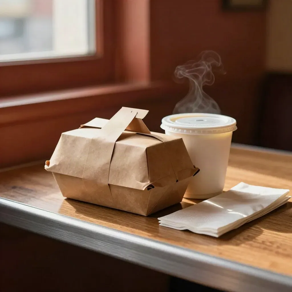 Kraft-Takeaway-Packung mit Suppenbecher und Serviette am Abholpass im warmen Licht