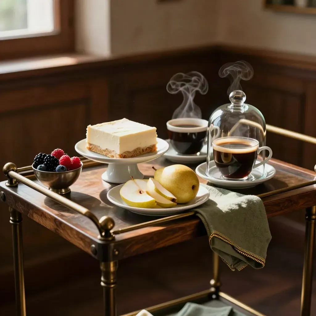 Dessertwagen mit Kuchen, Obstschalen, Kaffeetassen und Glasglocke im rustikalen Restaurant.