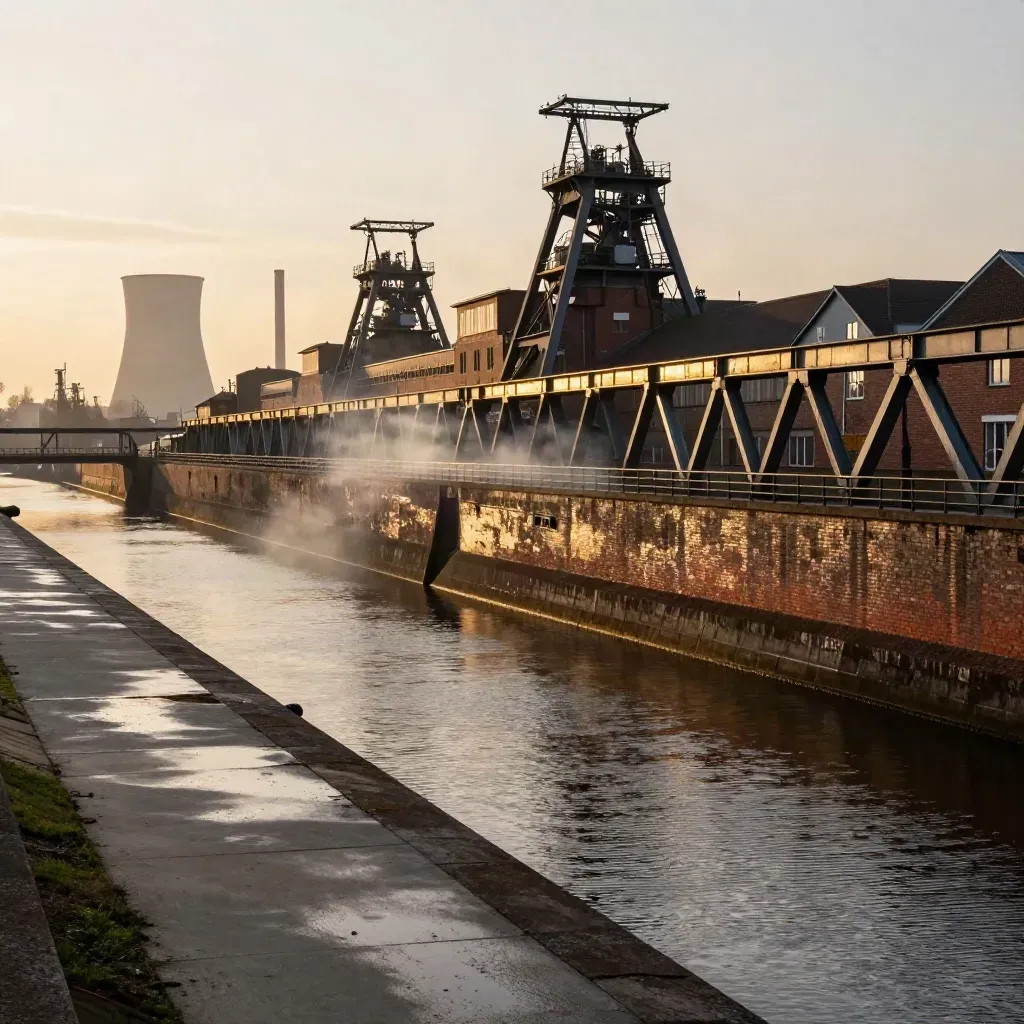 Ruhrgebiet-West-Kanal mit Stahltragwerken, Backstein und Kühlturm im goldenen Dunst.