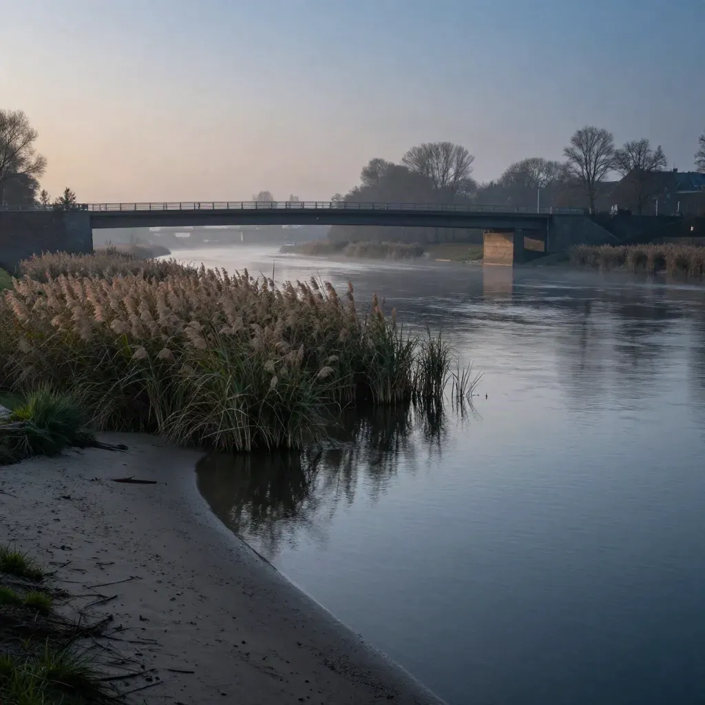 Ruhrgebiet Ost: stiller Flussbogen mit Brücke, Schilf und Nebel im Abendlicht.