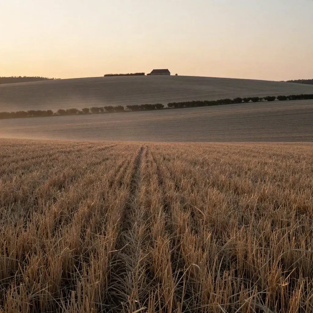 Stille Westfalen-Felder mit Hecken, Hofsilhouette und warmem Abendlicht im Dunst.