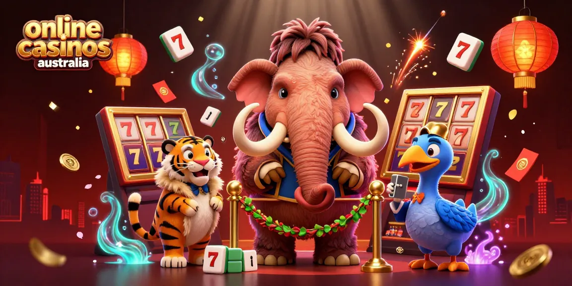 Experience online casinos Australia with a vibrant scene featuring animated casino characters and dynamic gaming elements.