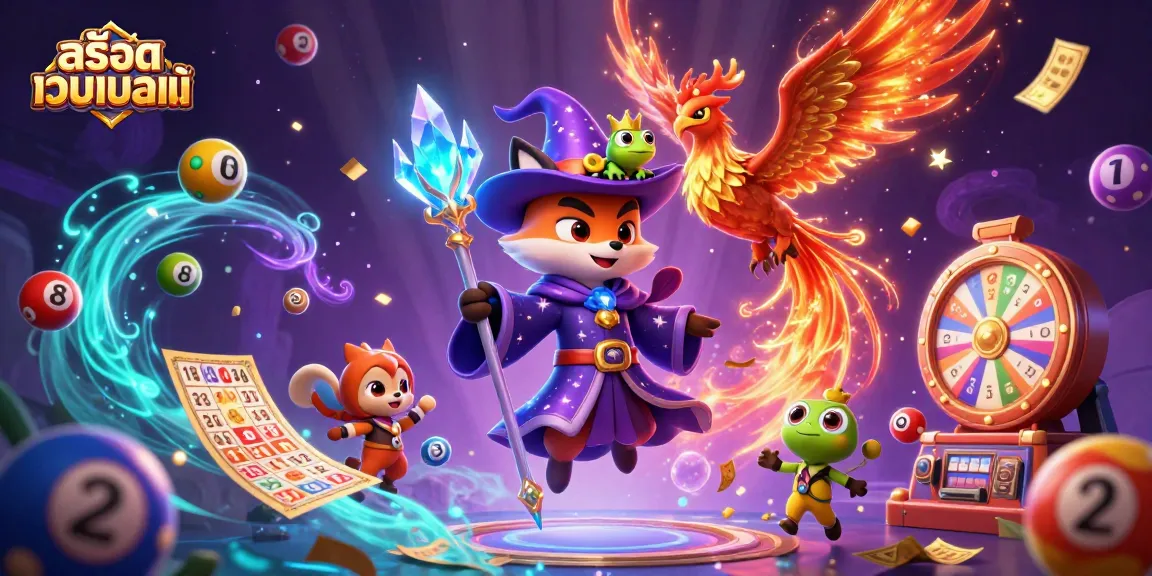 Experience สล็อตเว็บตรงแท้ with a mystical wizard fox and phoenix in a vibrant casino scene.