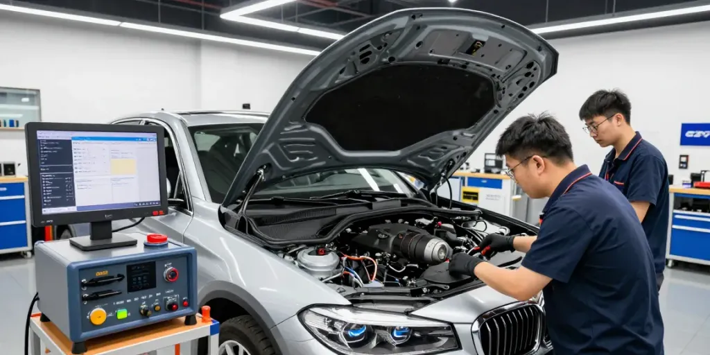 Professionelle BMW Werkstatt in Hannover, wo Techniker an Motorsteuergeräten arbeiten.