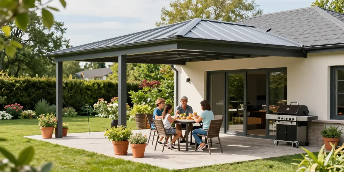 Moderne Terrassenüberdachungen mit Familie im Garten genießen