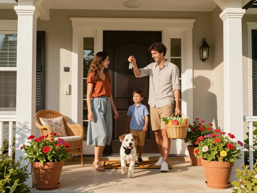 Eine fröhliche Familie, die sich ihrer neuen Haustür mit einladender Atmosphäre und lebendigen Blumen nähert.