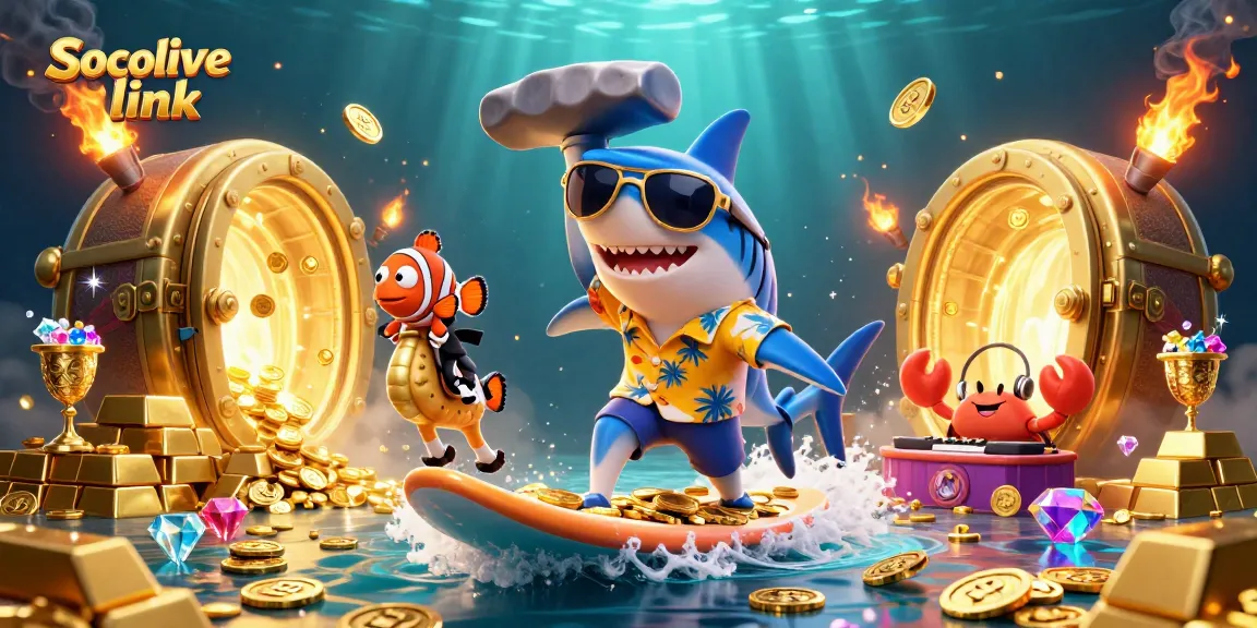Socolive link showcases a vibrant underwater scene with a hammer-head shark and clownfish amidst gold treasures, offering an engaging gaming atmosphere.