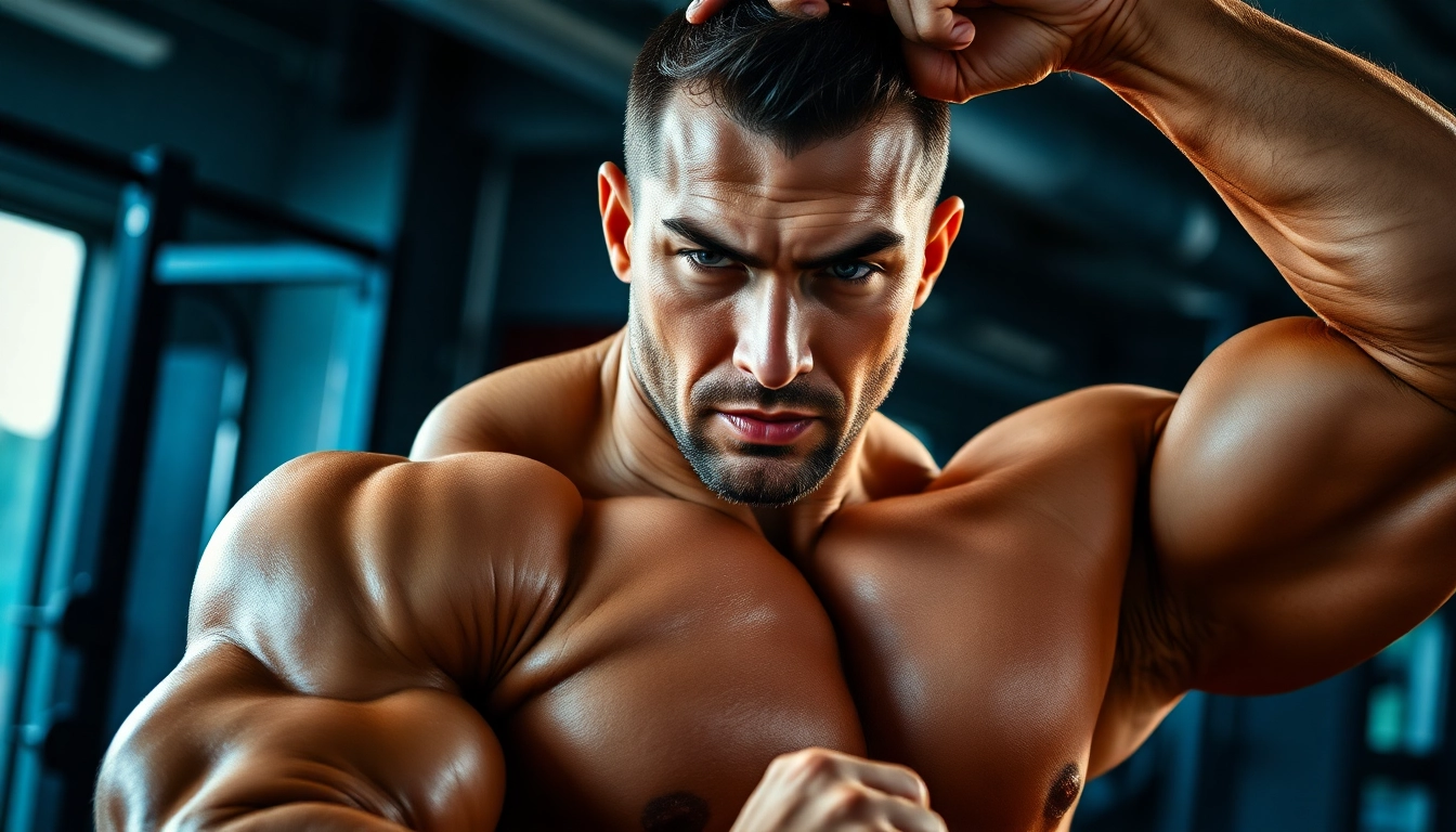 Der Androbal 400 Testosterone Compound wird von einem Bodybuilder im Fitnessstudio präsentiert, der beeindruckende Stärke zeigt.