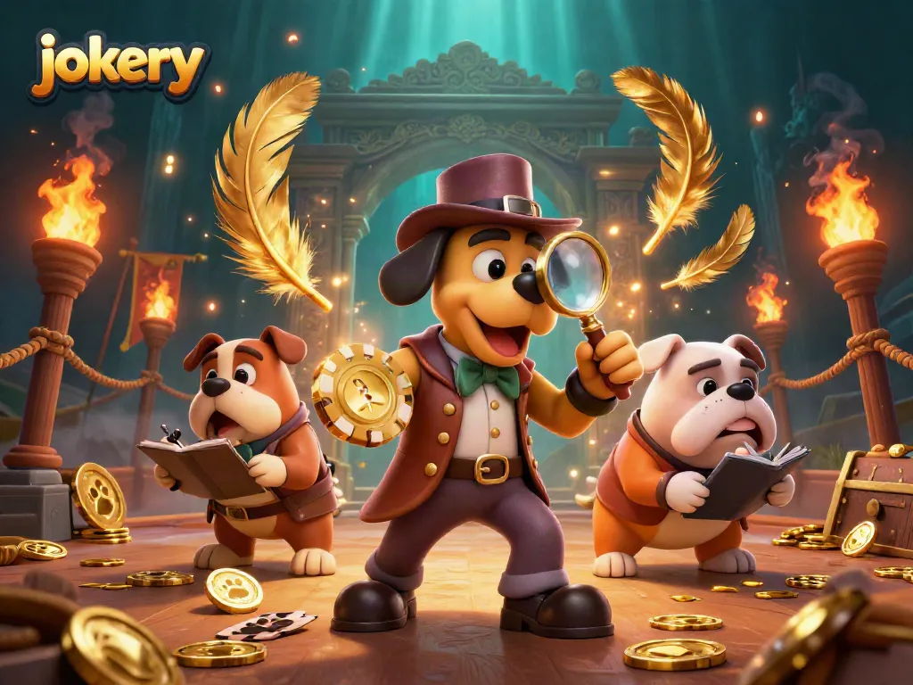 Investigate the world of jokery with a detective and his bulldog companion at a vibrant casino scene.