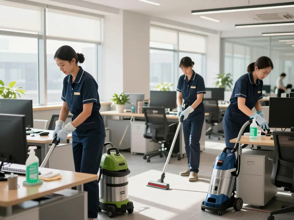 Professionelle Unterhaltsreinigung in Münster, die ein Team von Experten zeigt, wie es ein modernes Büro für optimale Hygiene und Professionalität reinigt.
