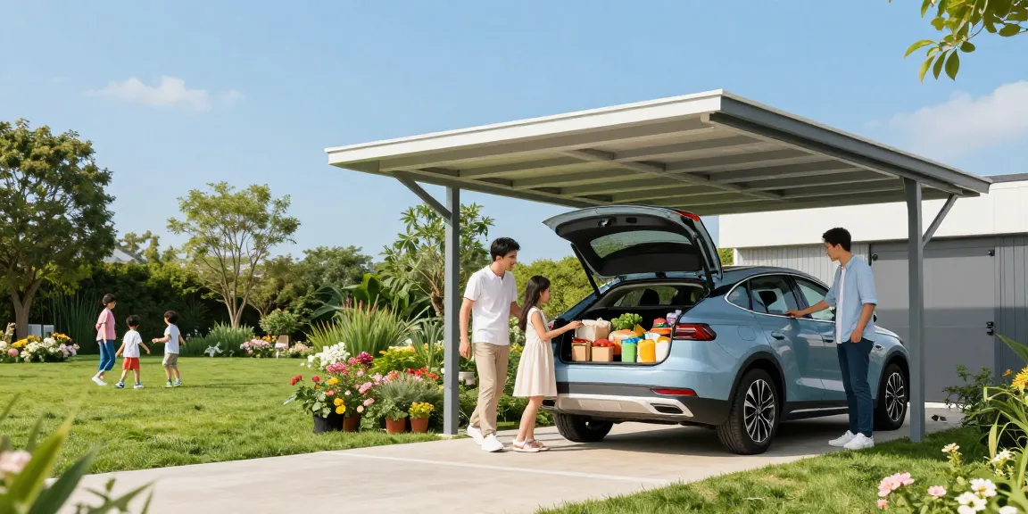 Carport als Schutz für Fahrzeuge und als Platz für Familienaktivitäten an einem sonnigen Tag.
