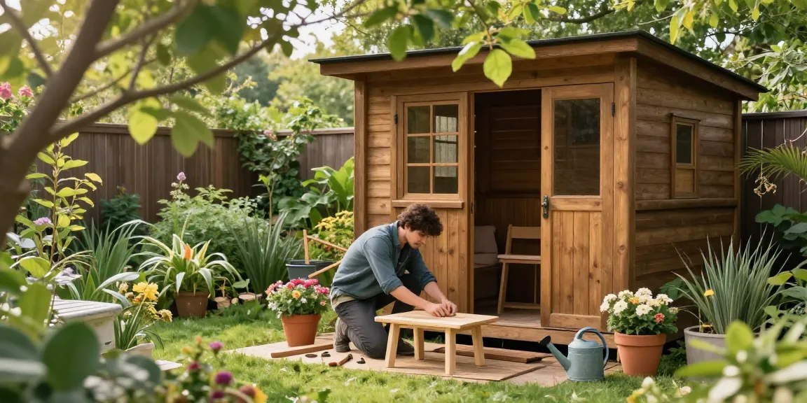 Gartenhaus kaufen: Schönes Gartenhaus umgeben von Pflanzen und Gartenmöbeln im Bau.