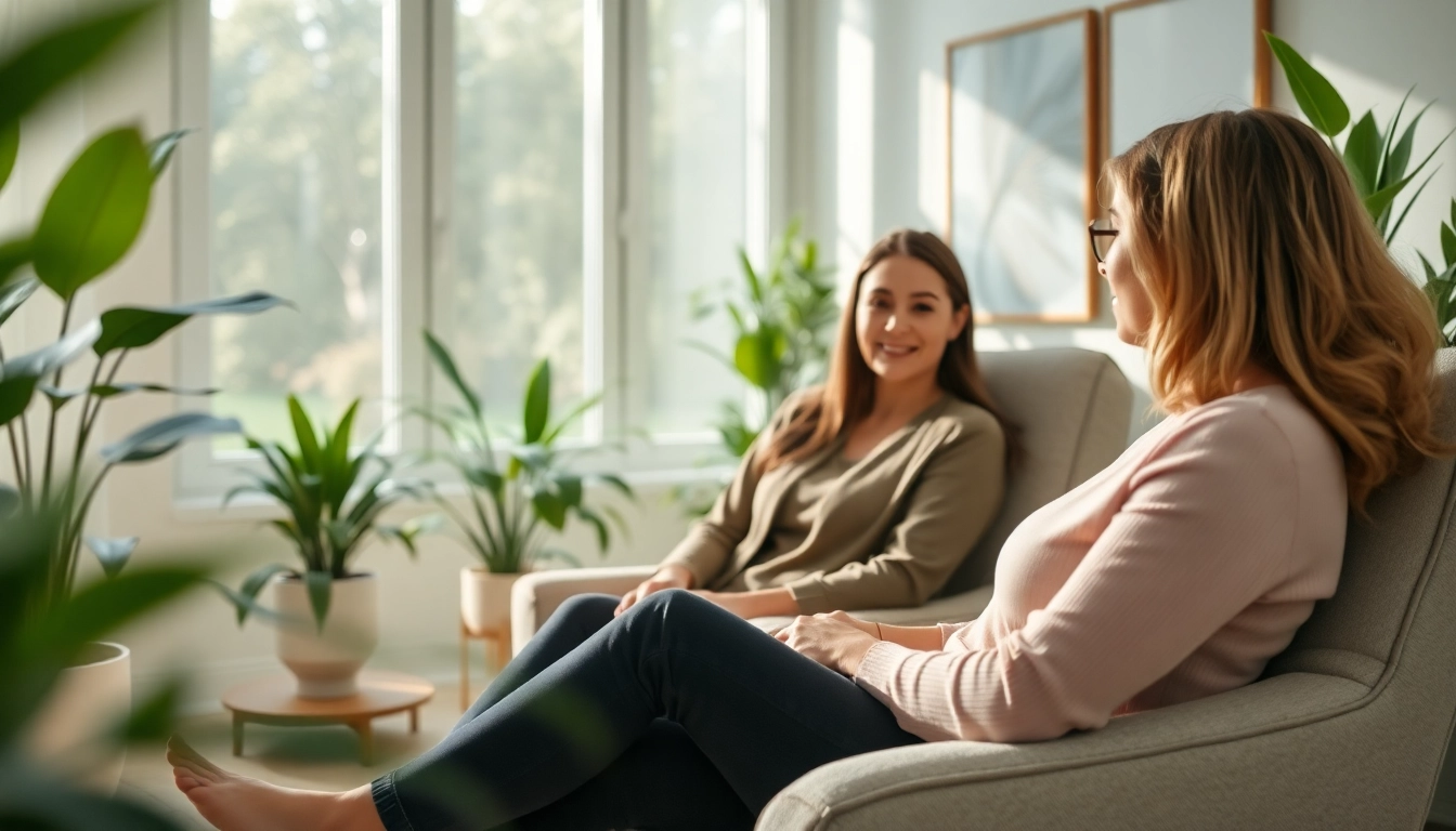 Reinkarnationstherapie Sitzung mit entspannter Klientin und einfühlsamem Therapeuten.